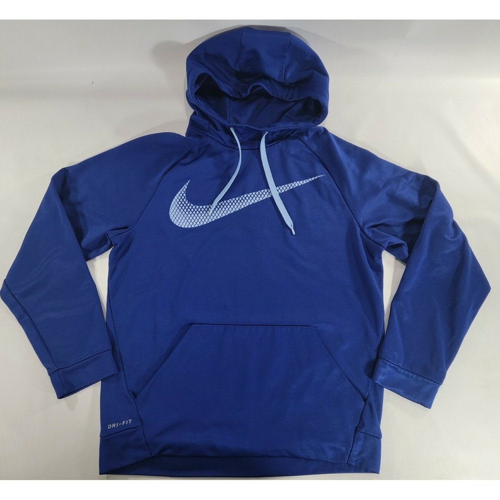 Nike Dri Fit Center Swoosh Hoodie Sweatshirt Pullover‎  Mens Small Blue